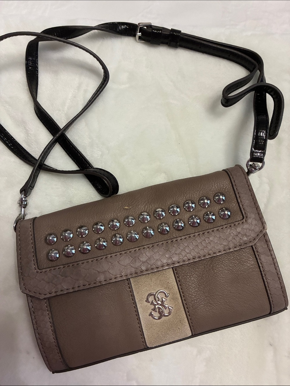 Guess Taupe Crossbody with Black Strap and Stud Accents